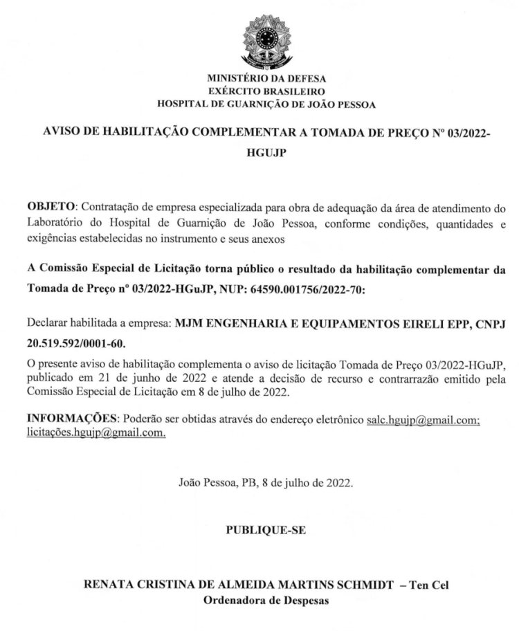 HOSPITAL DE GUARNIÇÃO DE JOÃO PESSOA – AVISO DE HABILITAÇÃO COMPLEMENTAR A TOMADA DE PREÇO Nº 03/2022