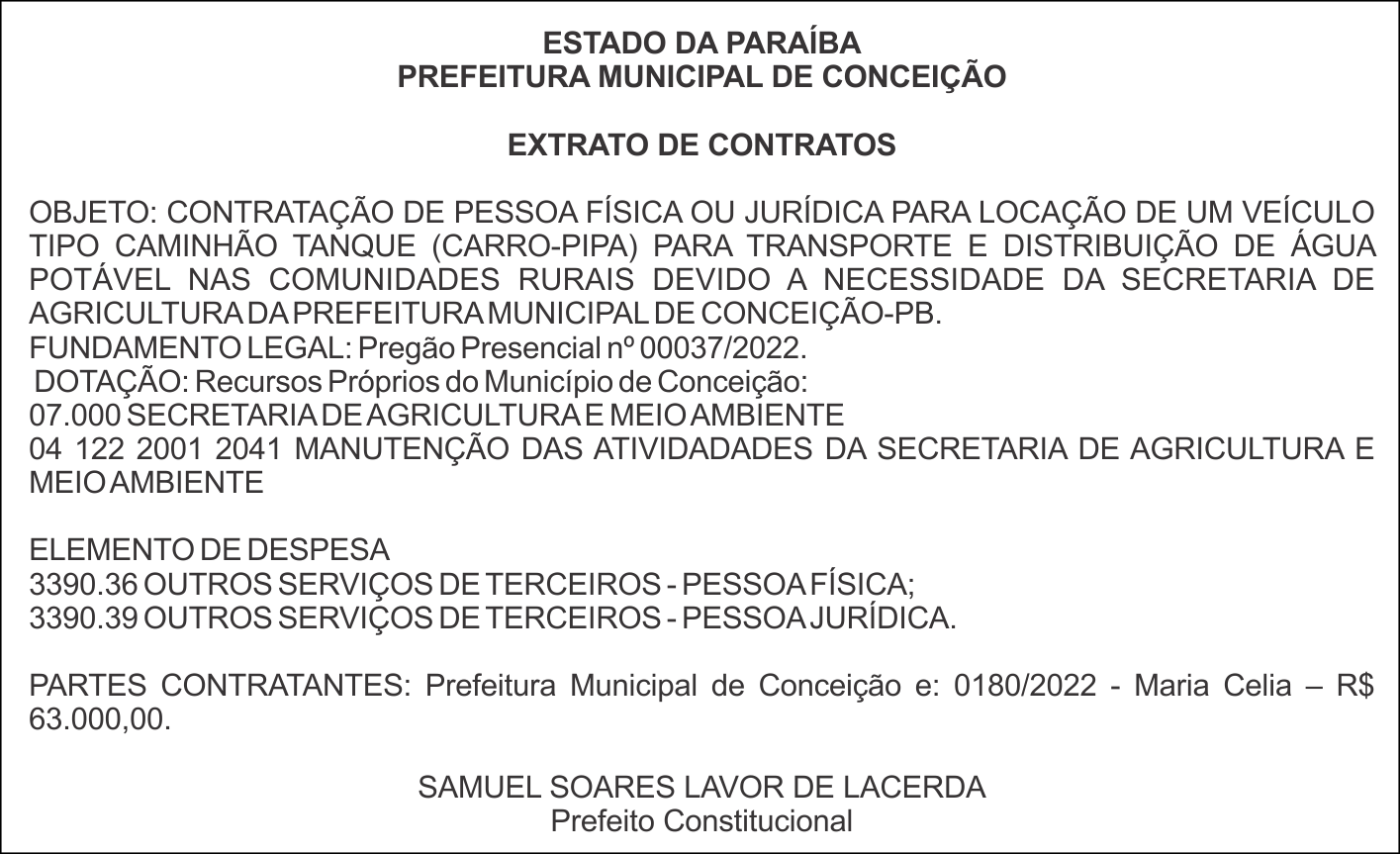 PREFEITURA MUNICIPAL DE CONCEIÇÃO – EXTRATO DE CONTRATOS