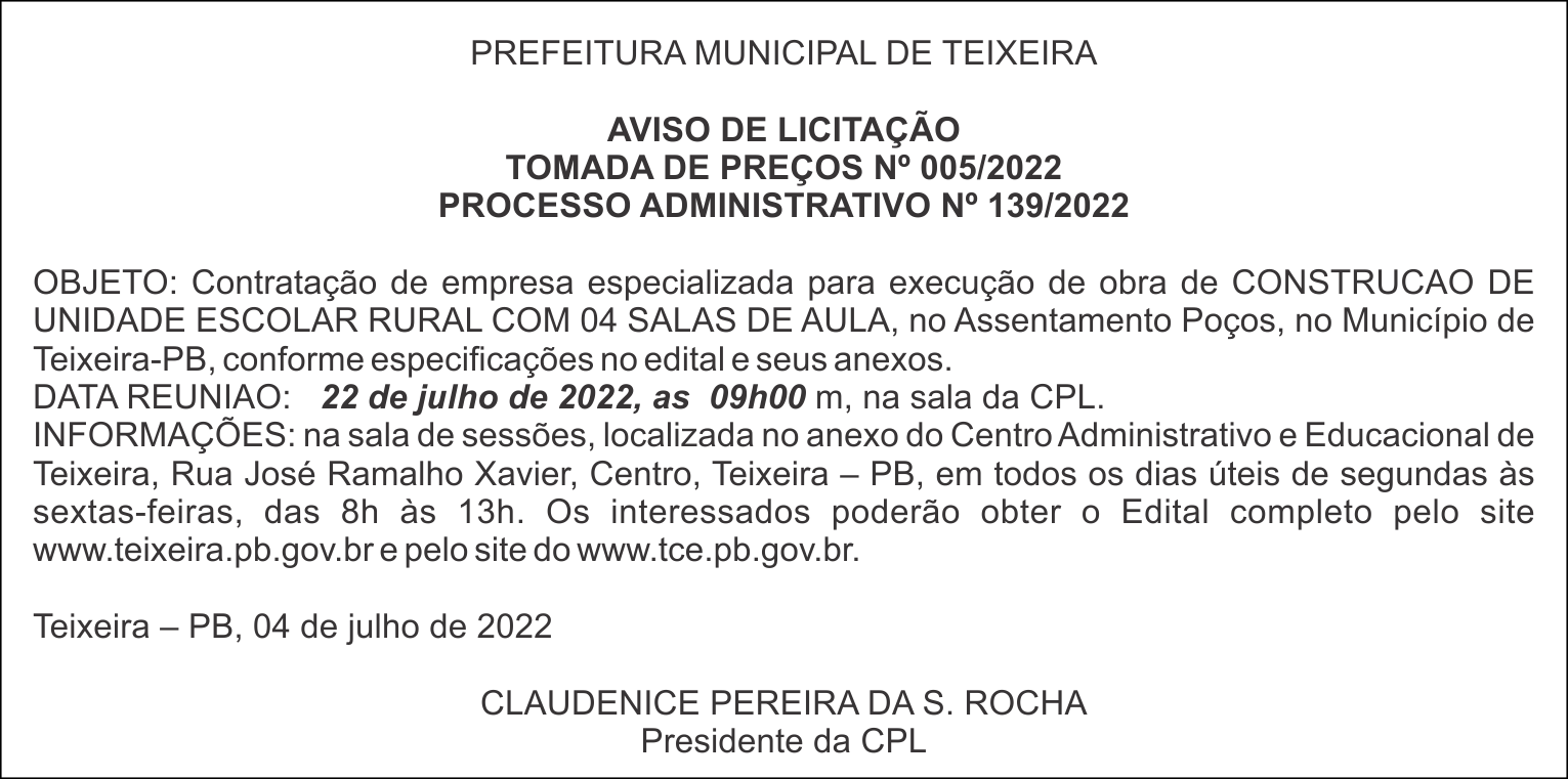 PREFEITURA MUNICIPAL DE TEIXEIRA – AVISO DE LICITAÇÃO – TOMADA DE PREÇOS Nº 005/2022
