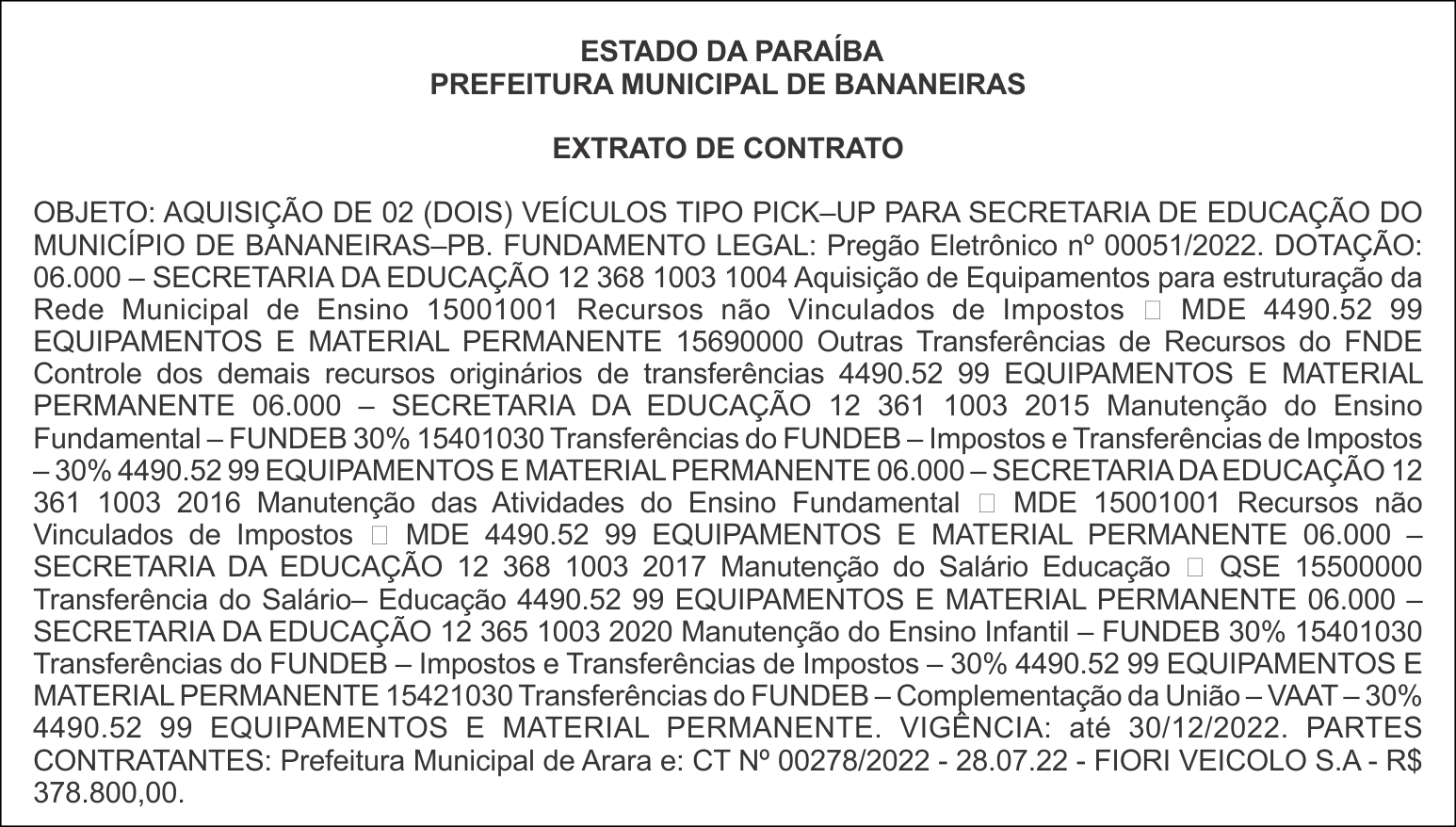 PREFEITURA MUNICIPAL DE BANANEIRAS – EXTRATO DE CONTRATO