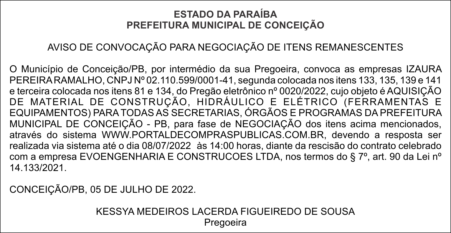 PREFEITURA MUNICIPAL DE CONCEIÇÃO –AVISO DE CONVOCAÇÃO PARA NEGOCIAÇÃO DE ITENS REMANESCENTES