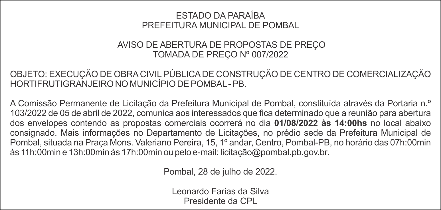 PREFEITURA MUNICIPAL DE POMBAL – AVISO DE ABERTURA DE PROPOSTAS DE PREÇO – TOMADA DE PREÇO Nº 007/2022