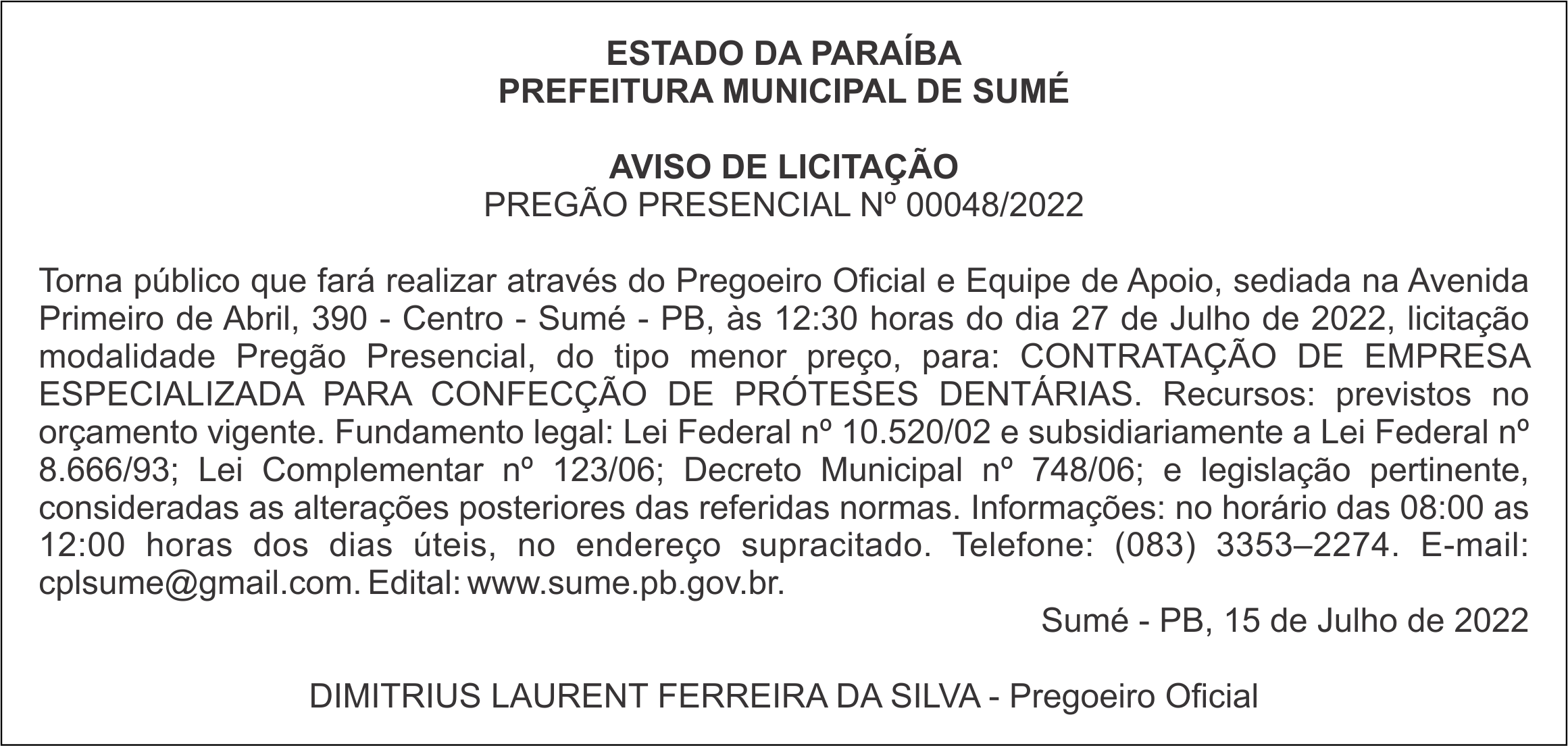PREFEITURA MUNICIPAL DE SUMÉ  – AVISO DE LICITAÇÃO – PREGÃO PRESENCIAL Nº 00048/2022