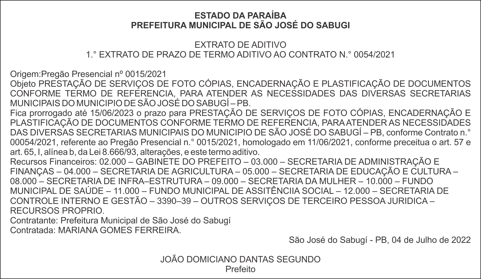 PREFEITURA MUNICIPAL DE SÃO JOSÉ DO SABUGI – EXTRATO DE ADITIVO