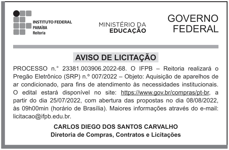 IFPB – PB – JOÃO PESSOA – REITORIA – EDITAL – PREGÃO ELETRÔNICO (SRP) n.º 007/2022 – REITORIA
