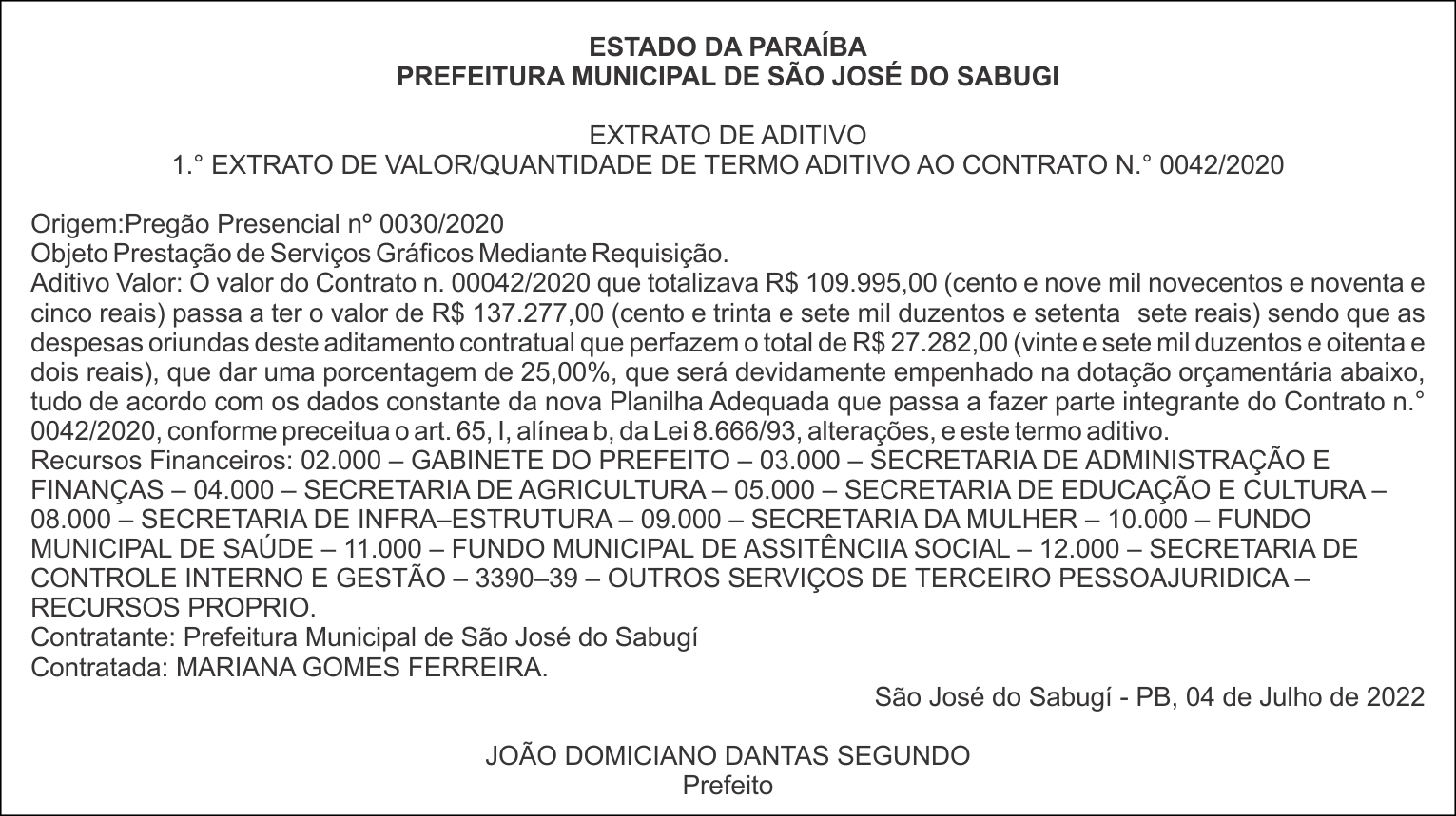 PREFEITURA MUNICIPAL DE SÃO JOSÉ DO SABUGI – EXTRATO DE ADITIVO