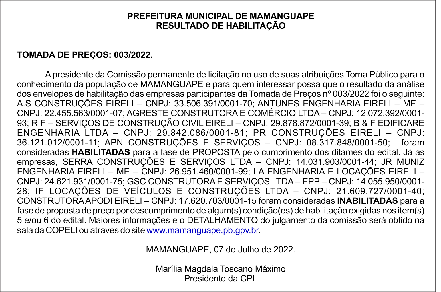 PREFEITURA MUNICIPAL DE MAMANGUAPE – RESULTADO DE HABILITAÇÃO – TOMADA DE PREÇOS: 003/2022.