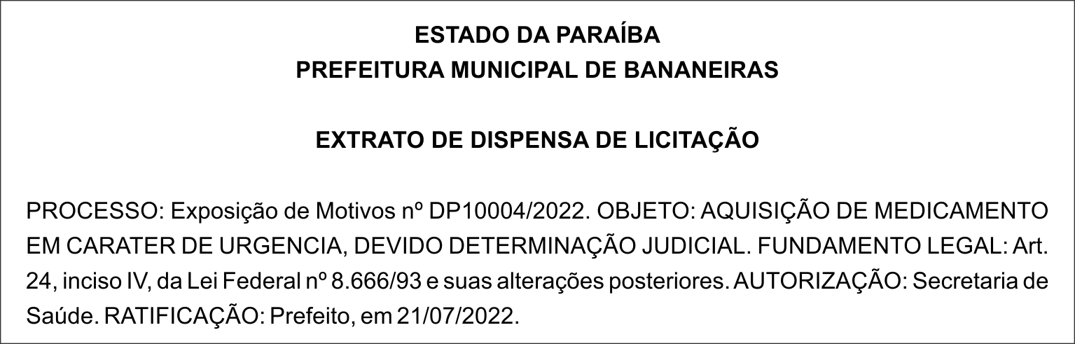 PREFEITURA MUNICIPAL DE BANANEIRAS – EXTRATO DE DISPENSA DE LICITAÇÃO