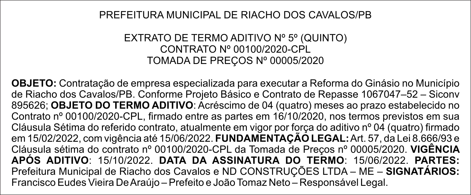 PREFEITURA MUNICIPAL DE RIACHO DOS CAVALOS/PB – EXTRATO DE TERMO ADITIVO Nº 5º (QUINTO) – CONTRATO Nº 00100/2020-CPL
