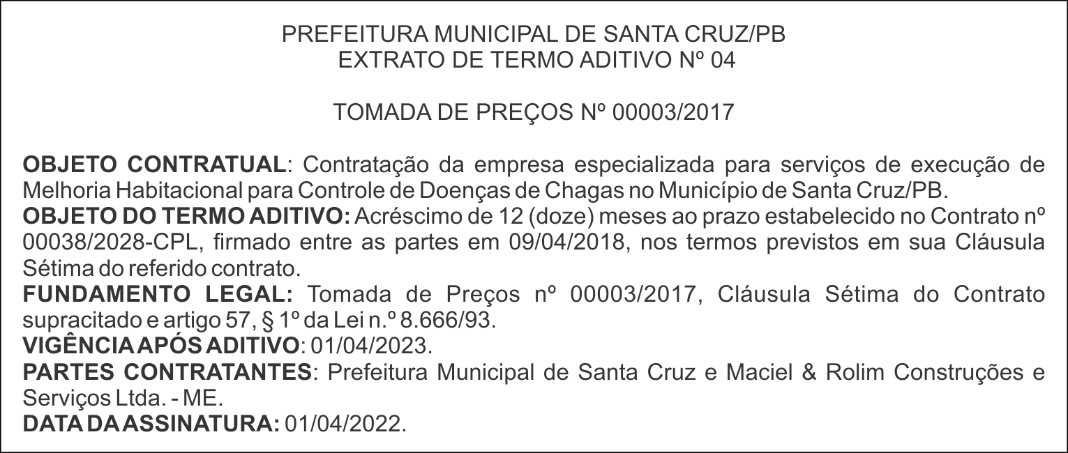 PREFEITURA MUNICIPAL DE SANTA CRUZ/PB – EXTRATO DE TERMO ADITIVO Nº 04