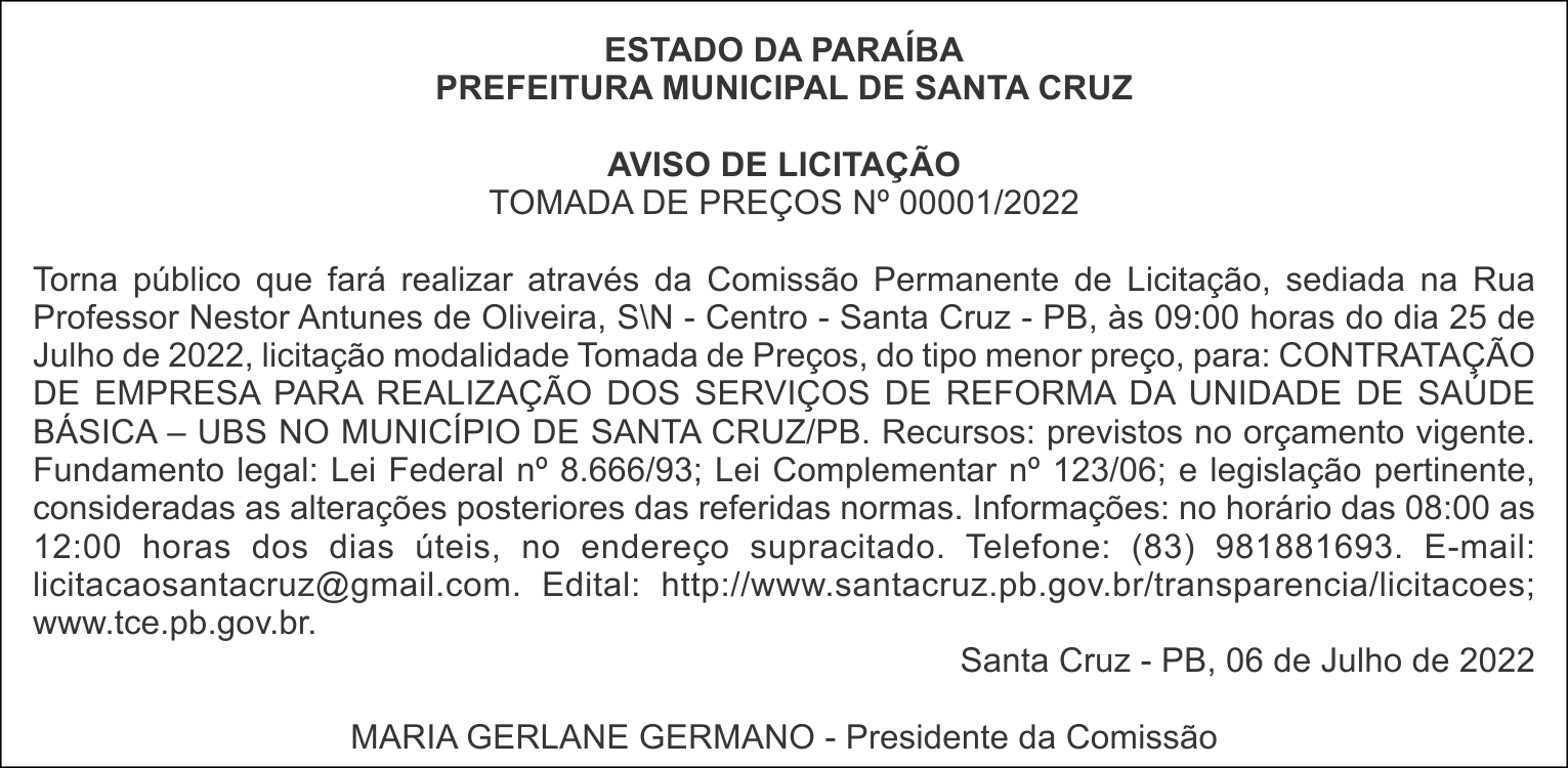 PREFEITURA MUNICIPAL DE SANTA CRUZ – AVISO DE LICITAÇÃO – TOMADA DE PREÇOS Nº 00001/2022