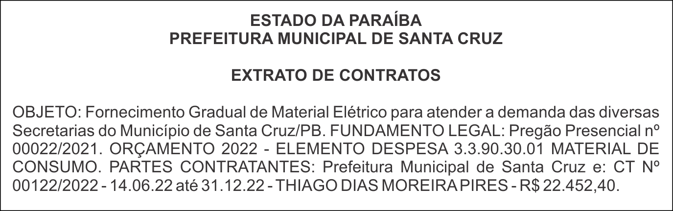 PREFEITURA MUNICIPAL DE SANTA CRUZ – EXTRATO DE CONTRATOS