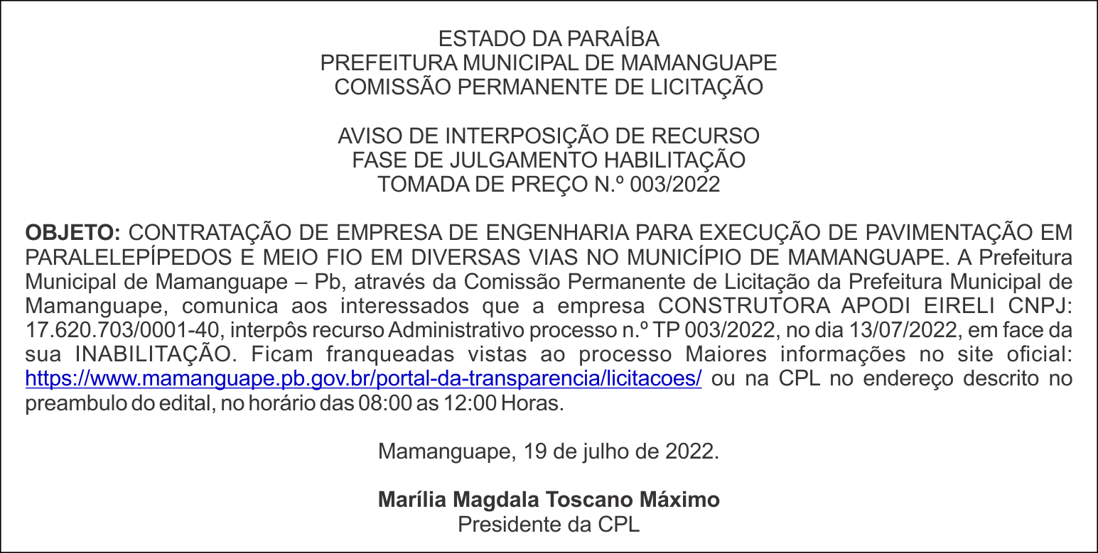 PREFEITURA MUNICIPAL DE MAMANGUAPE –  AVISO DE INTERPOSIÇÃO DE RECURSO – FASE DE JULGAMENTO HABILITAÇÃO – TOMADA DE PREÇO N.º 003/2022