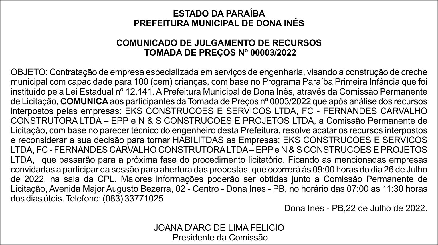 PREFEITURA MUNICIPAL DE DONA INÊS – COMUNICADO DE JULGAMENTO DE RECURSOS – TOMADA DE PREÇOS Nº 00003/2022
