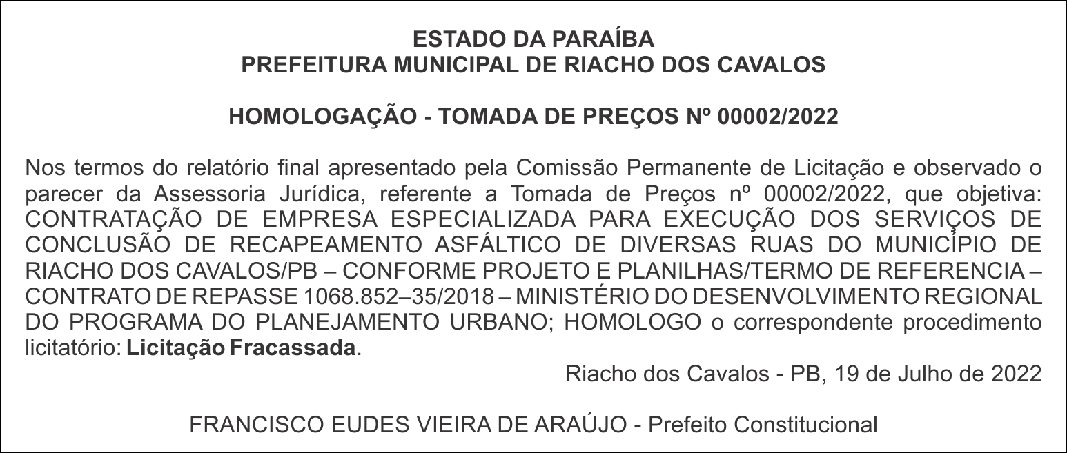 PREFEITURA MUNICIPAL DE RIACHO DOS CAVALOS – HOMOLOGAÇÃO – TOMADA DE PREÇOS Nº 00002/2022