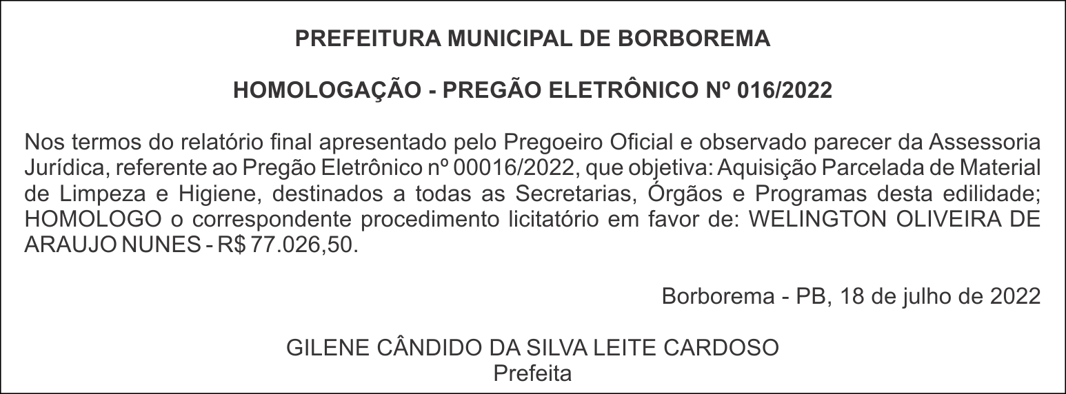 PREFEITURA MUNICIPAL DE BORBOREMA – HOMOLOGAÇÃO – PREGÃO ELETRÔNICO Nº 016/2022