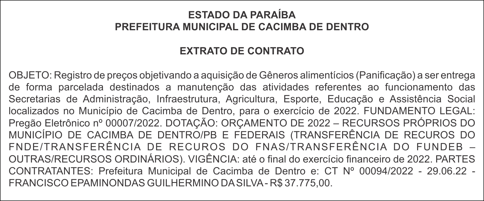 PREFEITURA MUNICIPAL DE CACIMBA DE DENTRO – EXTRATO DE CONTRATO