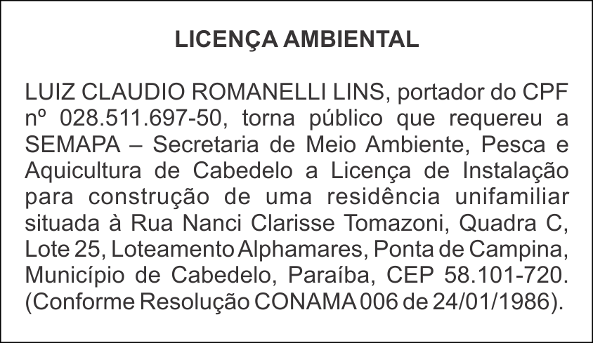 LUIZ CLAUDIO ROMANELLI LINS – LICENÇA AMBIENTAL