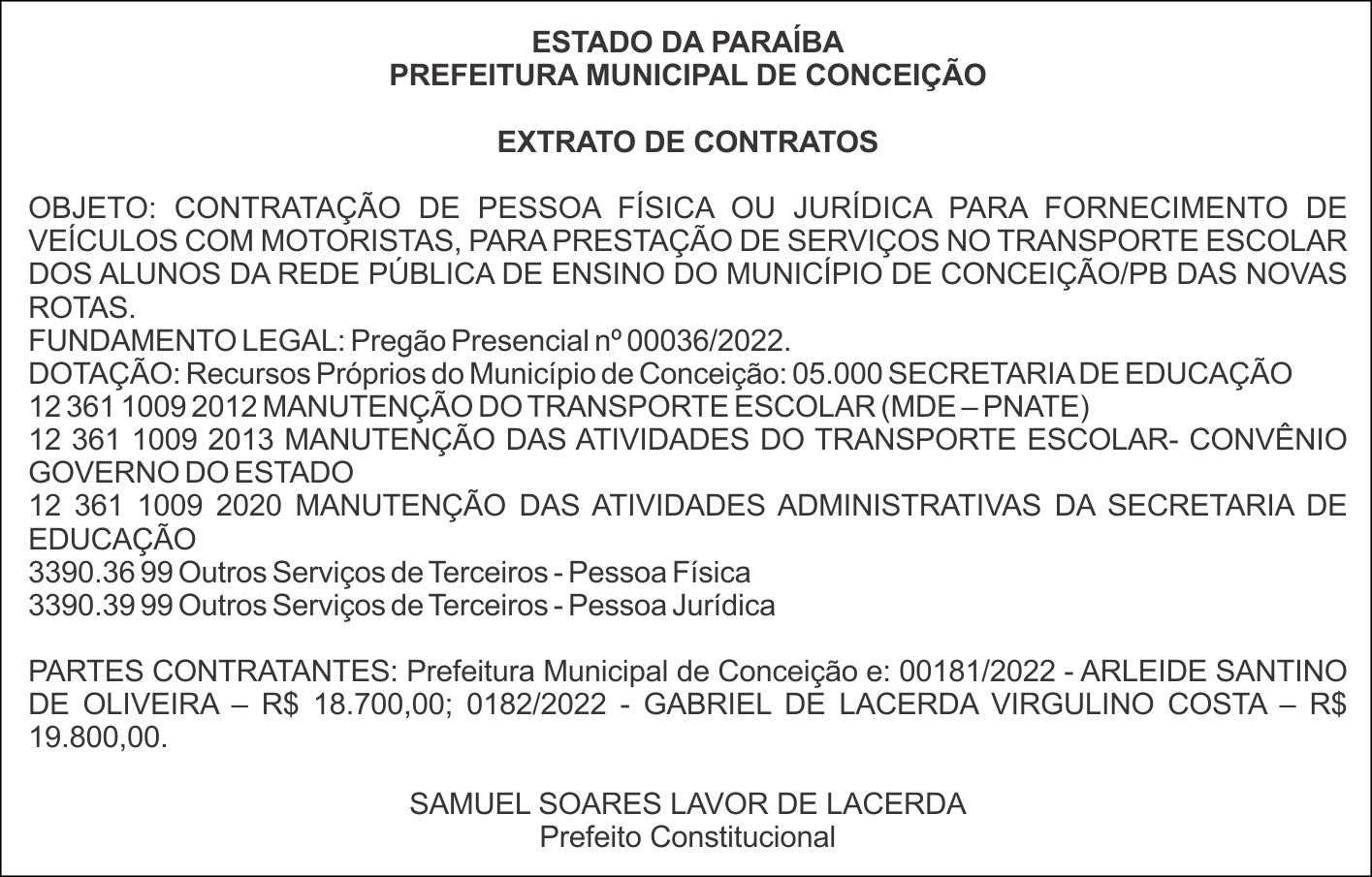 PREFEITURA MUNICIPAL DE CONCEIÇÃO – EXTRATO DE CONTRATOS