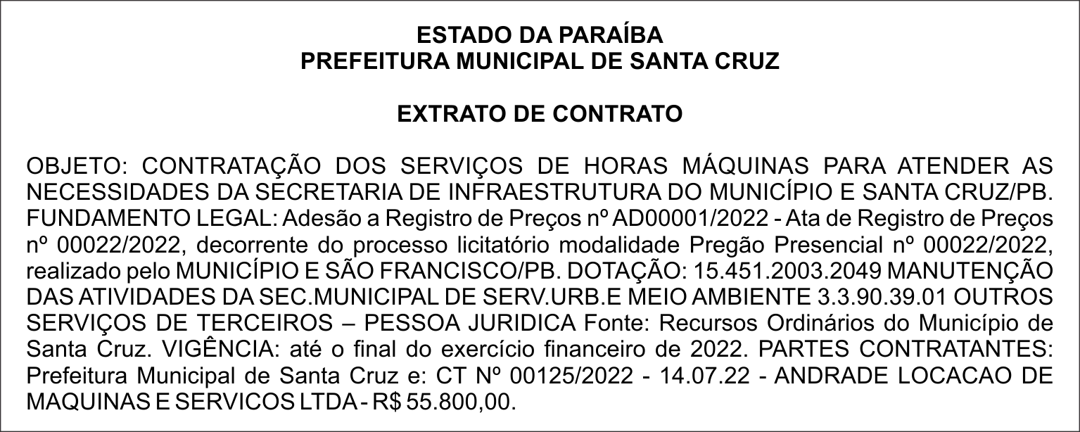 PREFEITURA MUNICIPAL DE SANTA CRUZ – EXTRATO DE CONTRATO