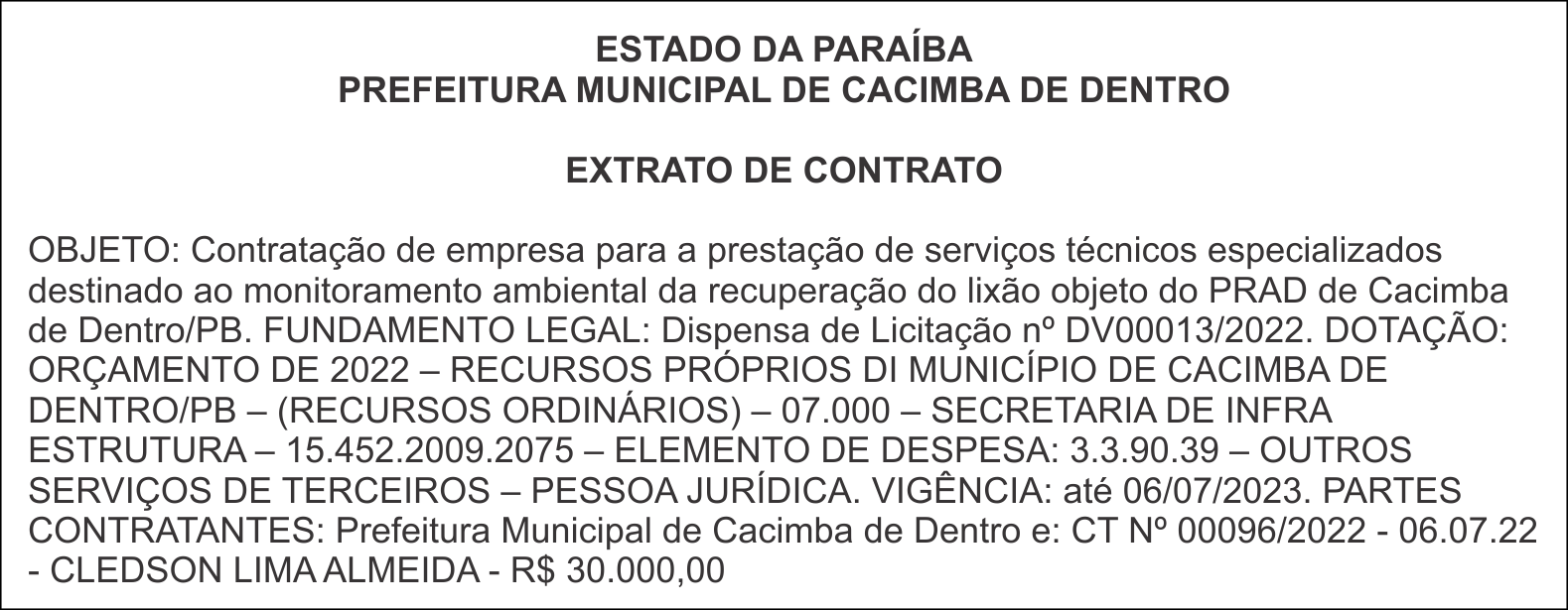 PREFEITURA MUNICIPAL DE CACIMBA DE DENTRO – EXTRATO DE CONTRATO