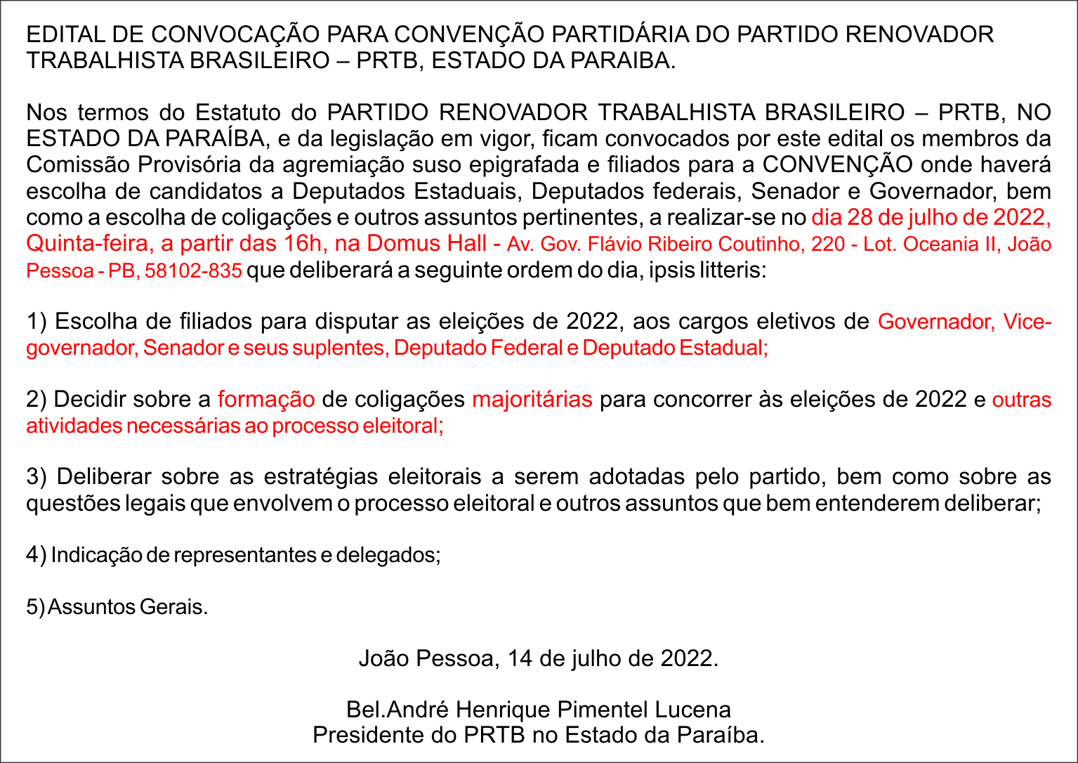 PARTIDO RENOVADOR TRABALHISTA BRASILEIRO – PRTB, ESTADO DA PARAÍBA -EDITAL DE CONVOCAÇÃO PARA CONVENÇÃO PARTIDÁRIA