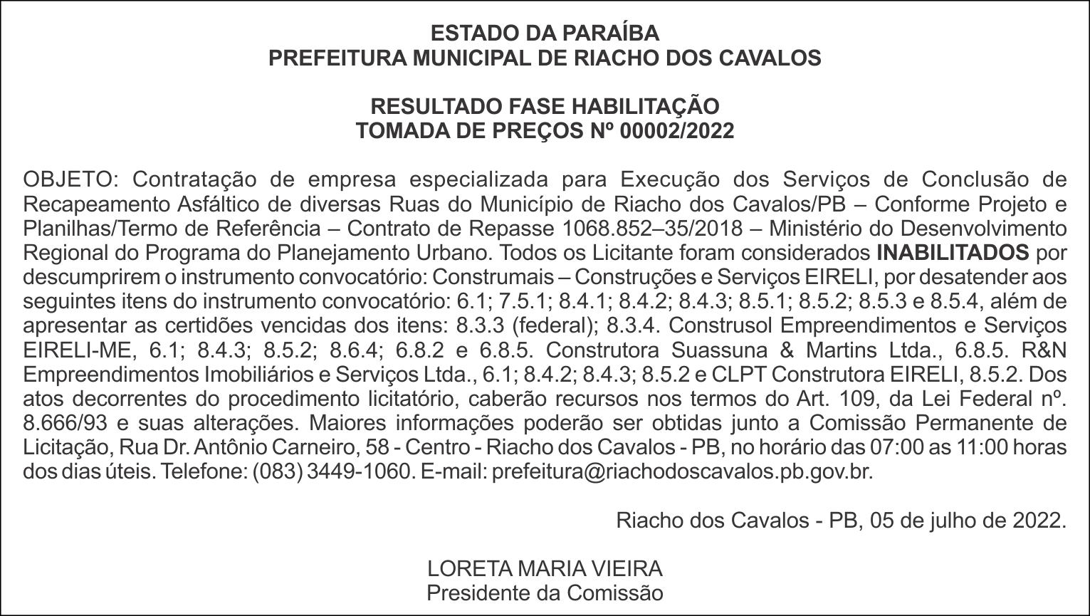 PREFEITURA MUNICIPAL DE RIACHO DOS CAVALOS – RESULTADO FASE HABILITAÇÃO – TOMADA DE PREÇOS Nº 00002/2022