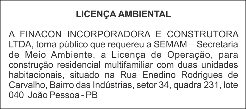 FINACON INCORPORADORA E CONSTRUTORA LTDA – LICENÇA AMBIENTAL