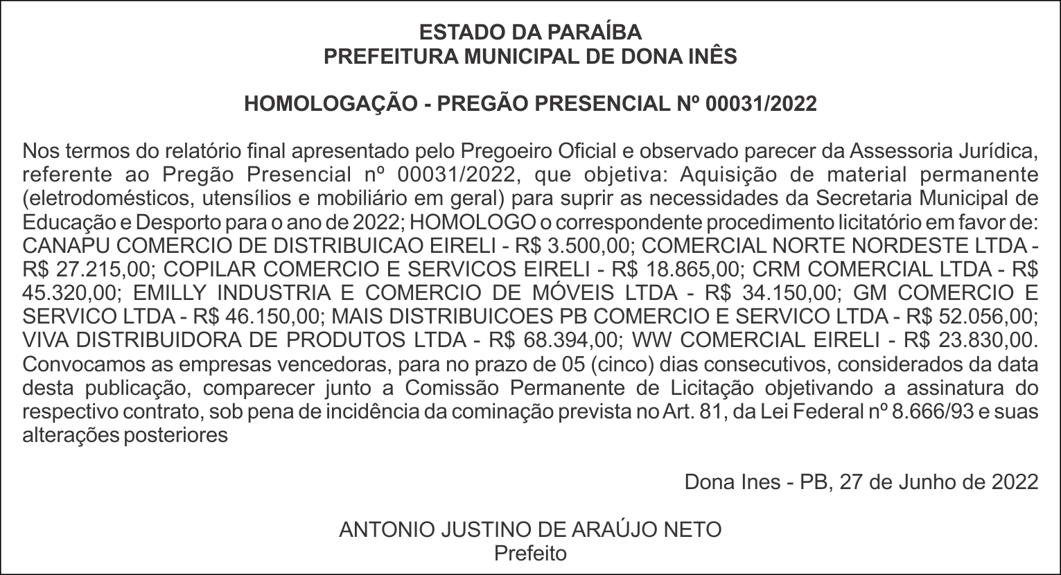 PREFEITURA MUNICIPAL DE DONA INÊS – HOMOLOGAÇÃO – PREGÃO PRESENCIAL Nº 00031/2022