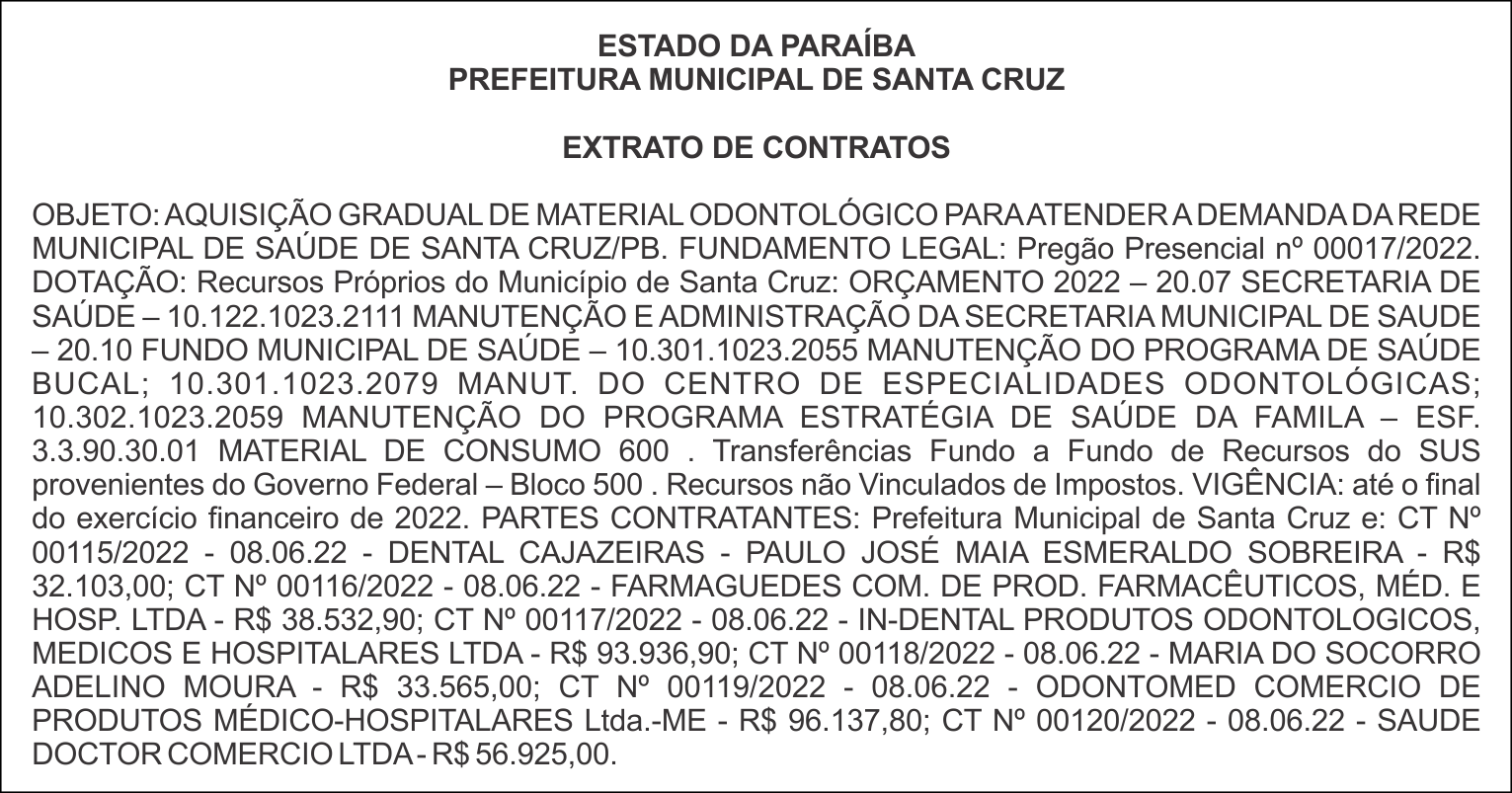 PREFEITURA MUNICIPAL DE SANTA CRUZ  – EXTRATO DE CONTRATOS