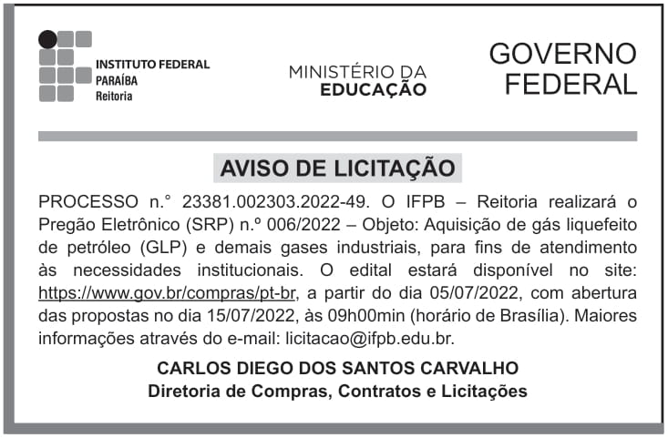 IFPB – PB – JOÃO PESSOA – REITORIA – EDITAL – PREGÃO ELETRÔNICO (SRP) n.º 006/2022