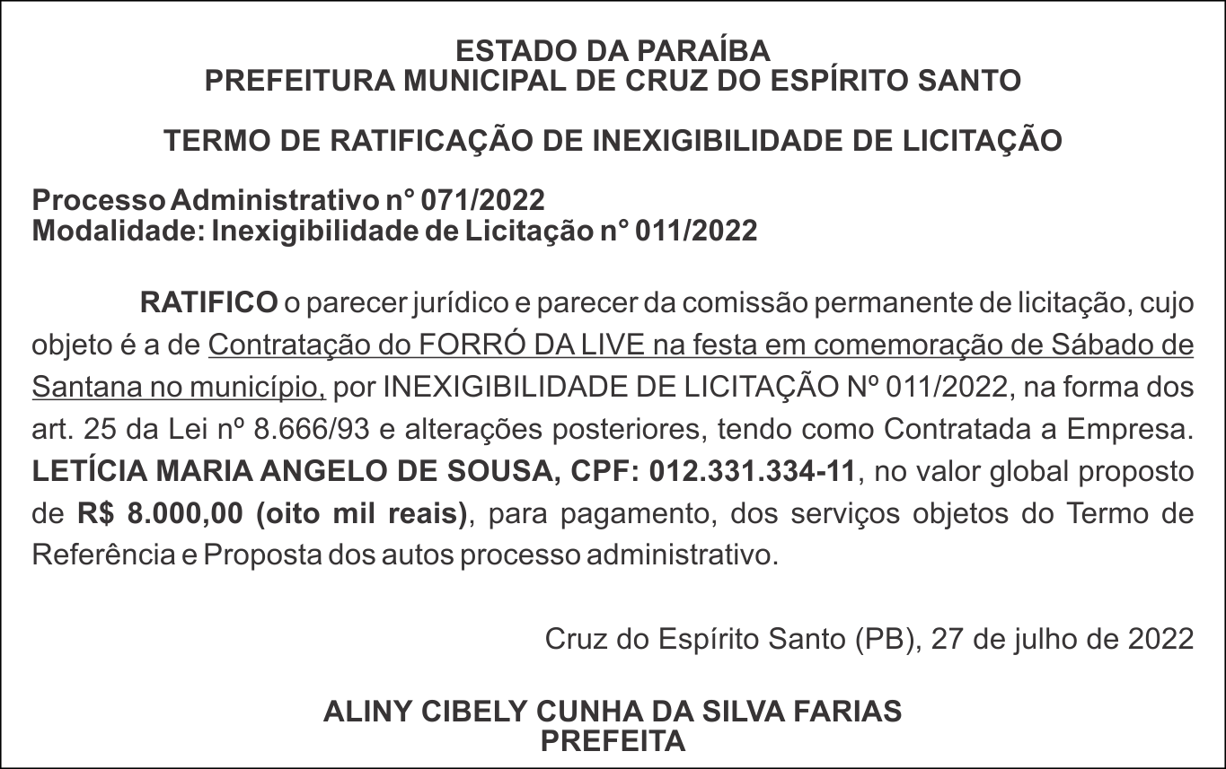 PREFEITURA MUNICIPAL DE CRUZ DO ESPÍRITO SANTO – TERMO DE RATIFICAÇÃO DE INEXIGIBILIDADE DE LICITAÇÃO
