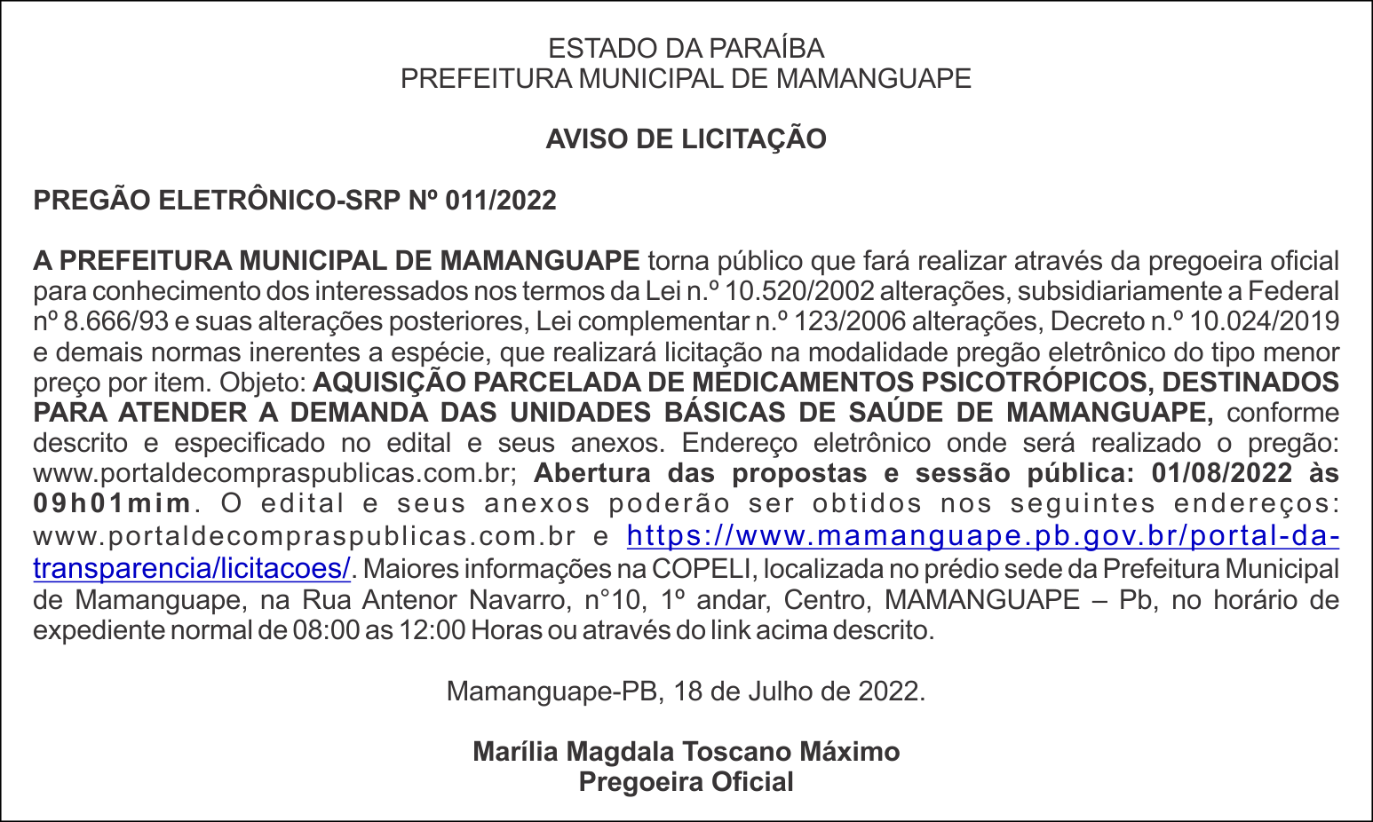 PREFEITURA MUNICIPAL DE MAMANGUAPE – AVISO DE LICITAÇÃO – PREGÃO ELETRÔNICO-SRP Nº 011/2022