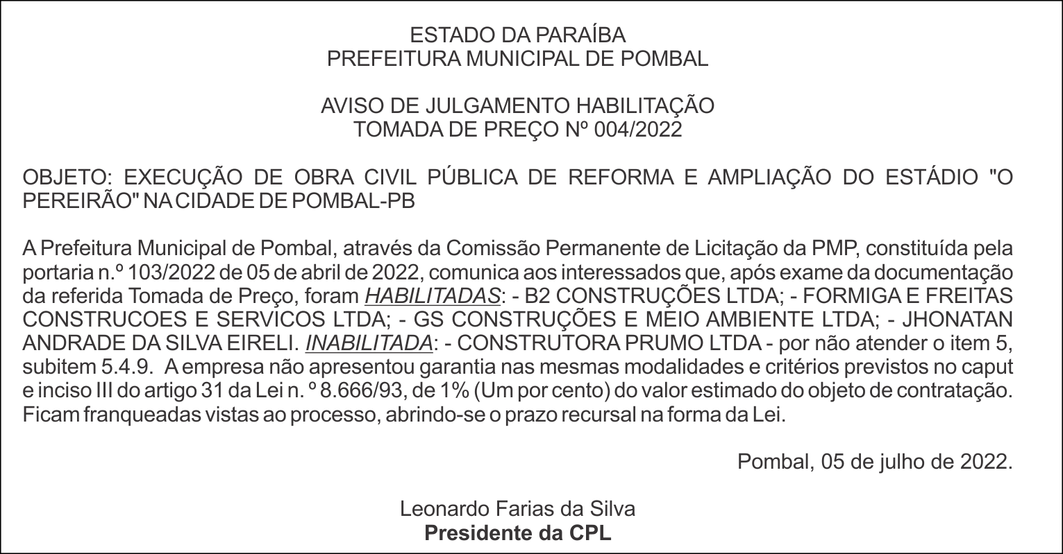 PREFEITURA MUNICIPAL DE POMBAL – AVISO DE JULGAMENTO HABILITAÇÃO – TOMADA DE PREÇO Nº 004/2022