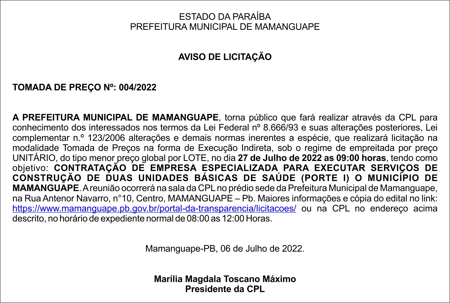 PREFEITURA MUNICIPAL DE MAMANGUAPE – AVISO DE LICITAÇÃO – TOMADA DE PREÇO Nº: 004/2022