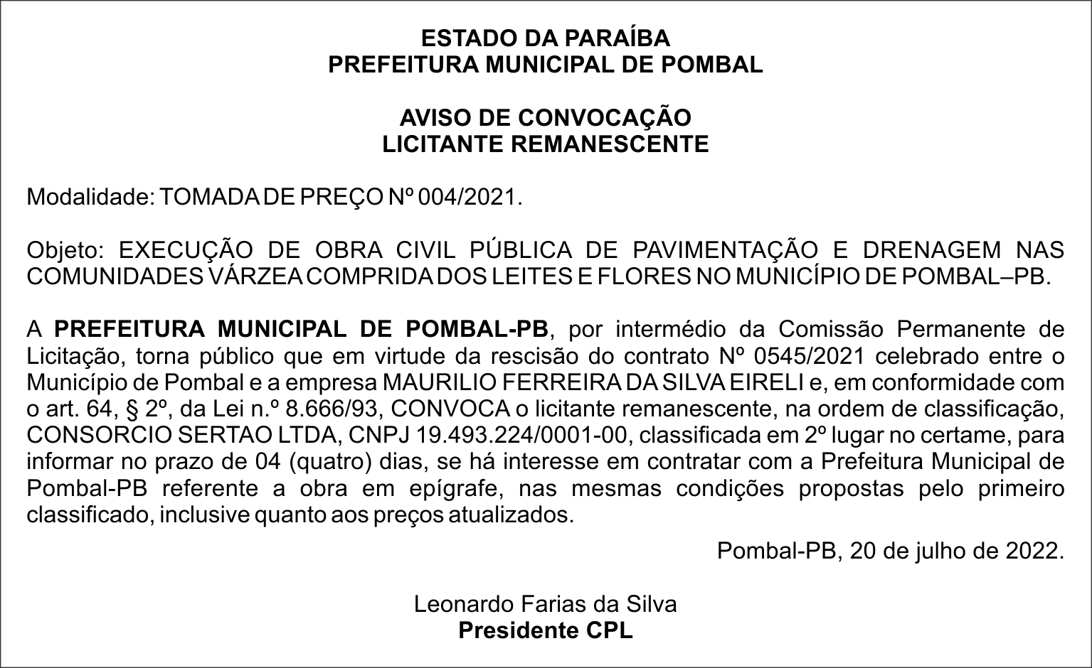 PREFEITURA MUNICIPAL DE POMBAL – AVISO DE CONVOCAÇÃO – LICITANTE REMANESCENTE  – TOMADA DE PREÇO Nº 004/2021.