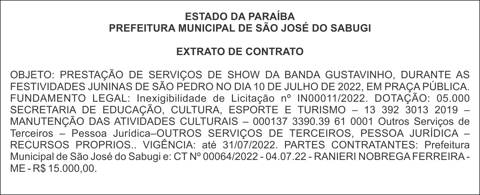 PREFEITURA MUNICIPAL DE SÃO JOSÉ DO SABUGI –  EXTRATO DE CONTRATO