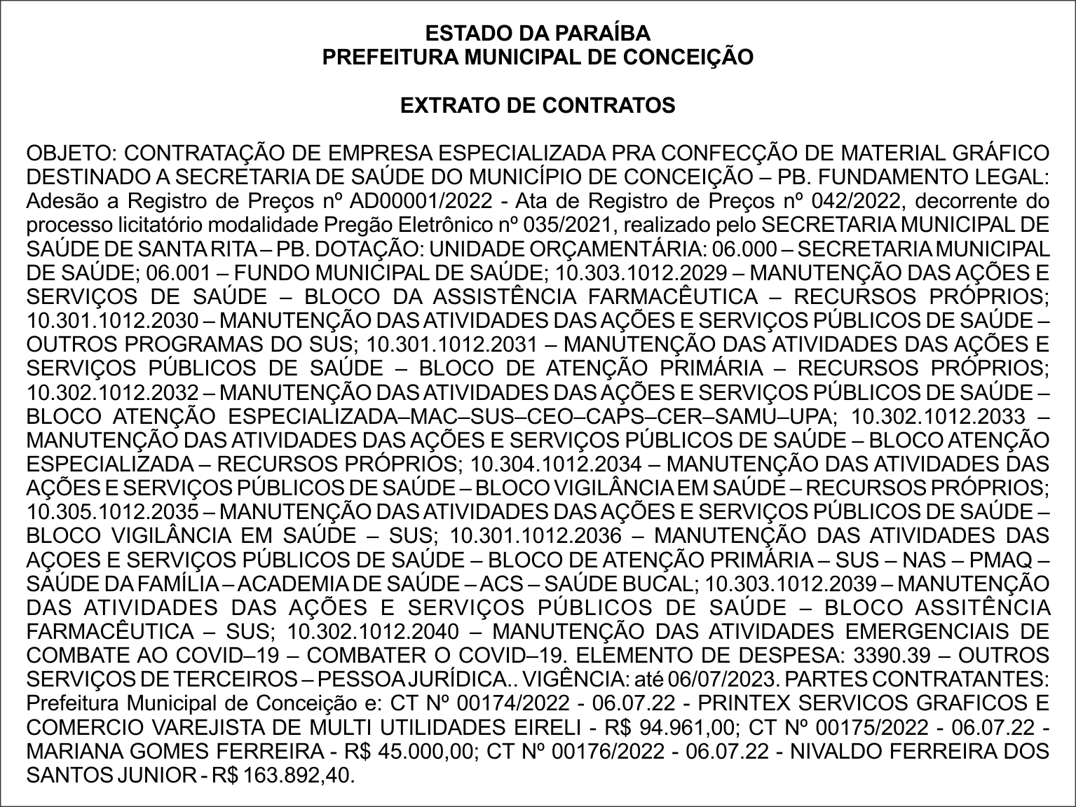 PREFEITURA MUNICIPAL DE CONCEIÇÃO – EXTRATO DE CONTRATOS