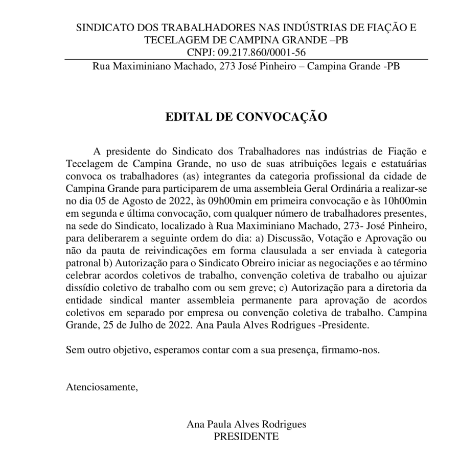 SINDICATO DOS TRABALHADORES NAS INDÚSTRIAS DE FIAÇÃO E TECELAGEM DE CAMPINA GRANDE –PB – EDITAL DE CONVOCAÇÃO