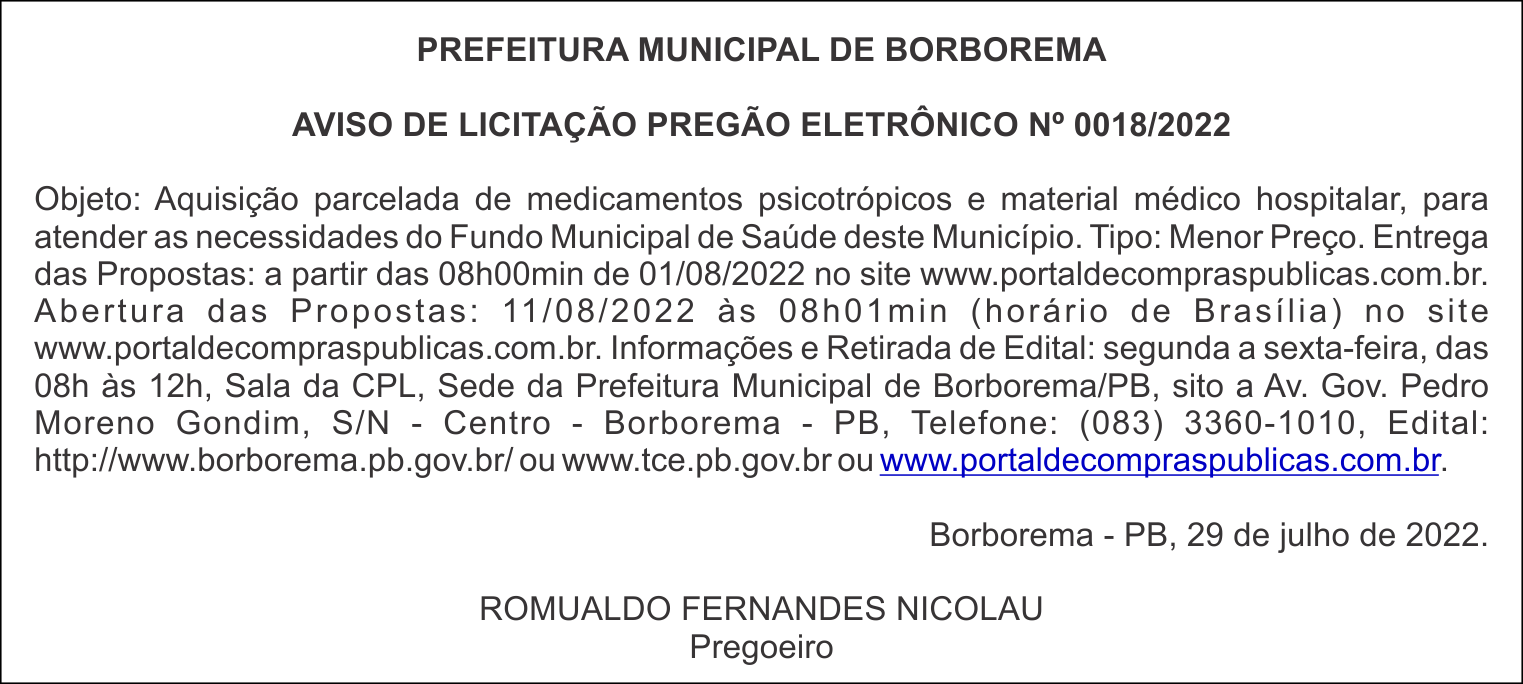 PREFEITURA MUNICIPAL DE BORBOREMA – AVISO DE LICITAÇÃO – PREGÃO ELETRÔNICO Nº 0018/2022