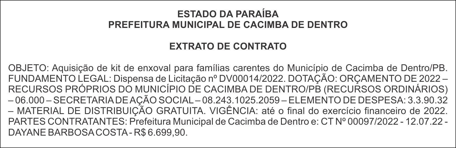 PREFEITURA MUNICIPAL DE CACIMBA DE DENTRO – EXTRATO DE CONTRATO