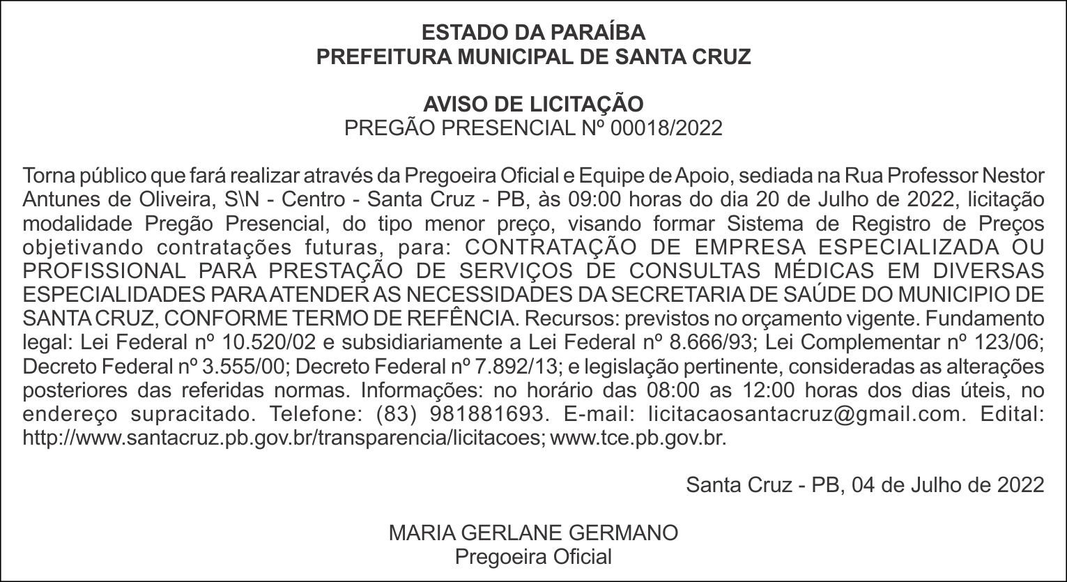 PREFEITURA MUNICIPAL DE SANTA CRUZ – AVISO DE LICITAÇÃO – PREGÃO PRESENCIAL Nº 00018/2022