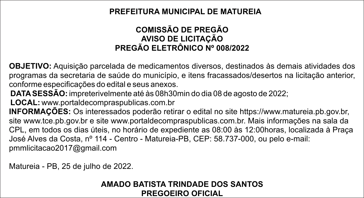PREFEITURA MUNICIPAL DE MATUREIA – AVISO DE LICITAÇÃO – PREGÃO ELETRÔNICO Nº 008/2022