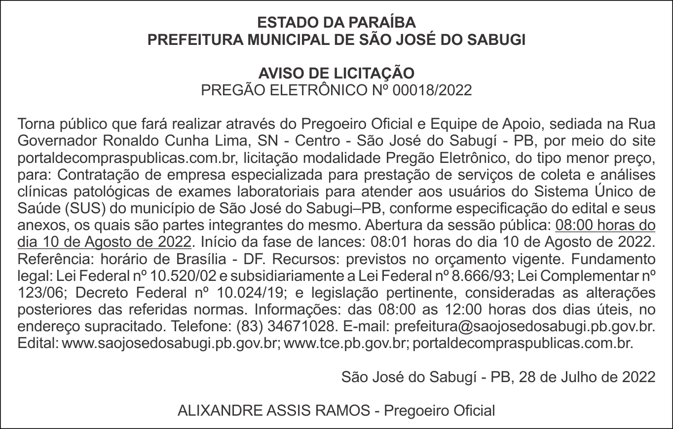 PREFEITURA MUNICIPAL DE SÃO JOSÉ DO SABUGI  – AVISO DE LICITAÇÃO – PREGÃO ELETRÔNICO Nº 00018/2022