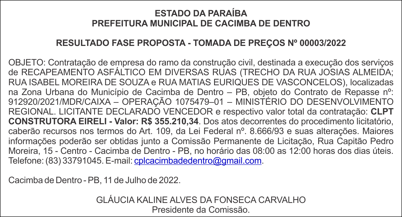 PREFEITURA MUNICIPAL DE CACIMBA DE DENTRO – RESULTADO FASE PROPOSTA – TOMADA DE PREÇOS Nº 00003/2022