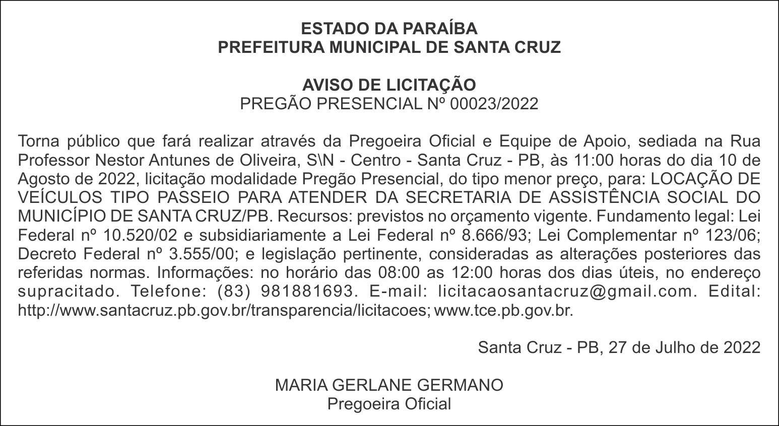 PREFEITURA MUNICIPAL DE SANTA CRUZ  – AVISO DE LICITAÇÃO – PREGÃO PRESENCIAL Nº 00023/2022