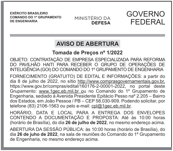 CMDO 1o GPTE – JOÃO PESSOA – PB – Aviso de Abertura TP 1/2022