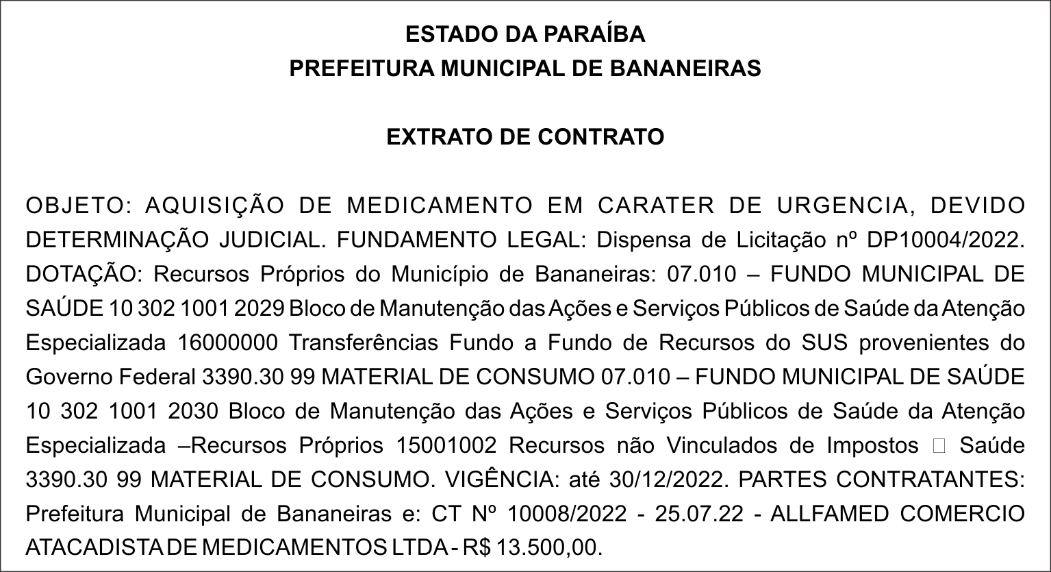 PREFEITURA MUNICIPAL DE BANANEIRAS – EXTRATO DE CONTRATO