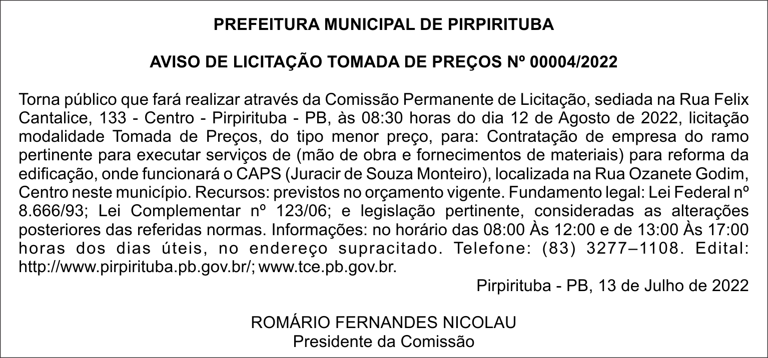 PREFEITURA MUNICIPAL DE PIRPIRITUBA – AVISO DE LICITAÇÃO – TOMADA DE PREÇOS Nº 00004/2022