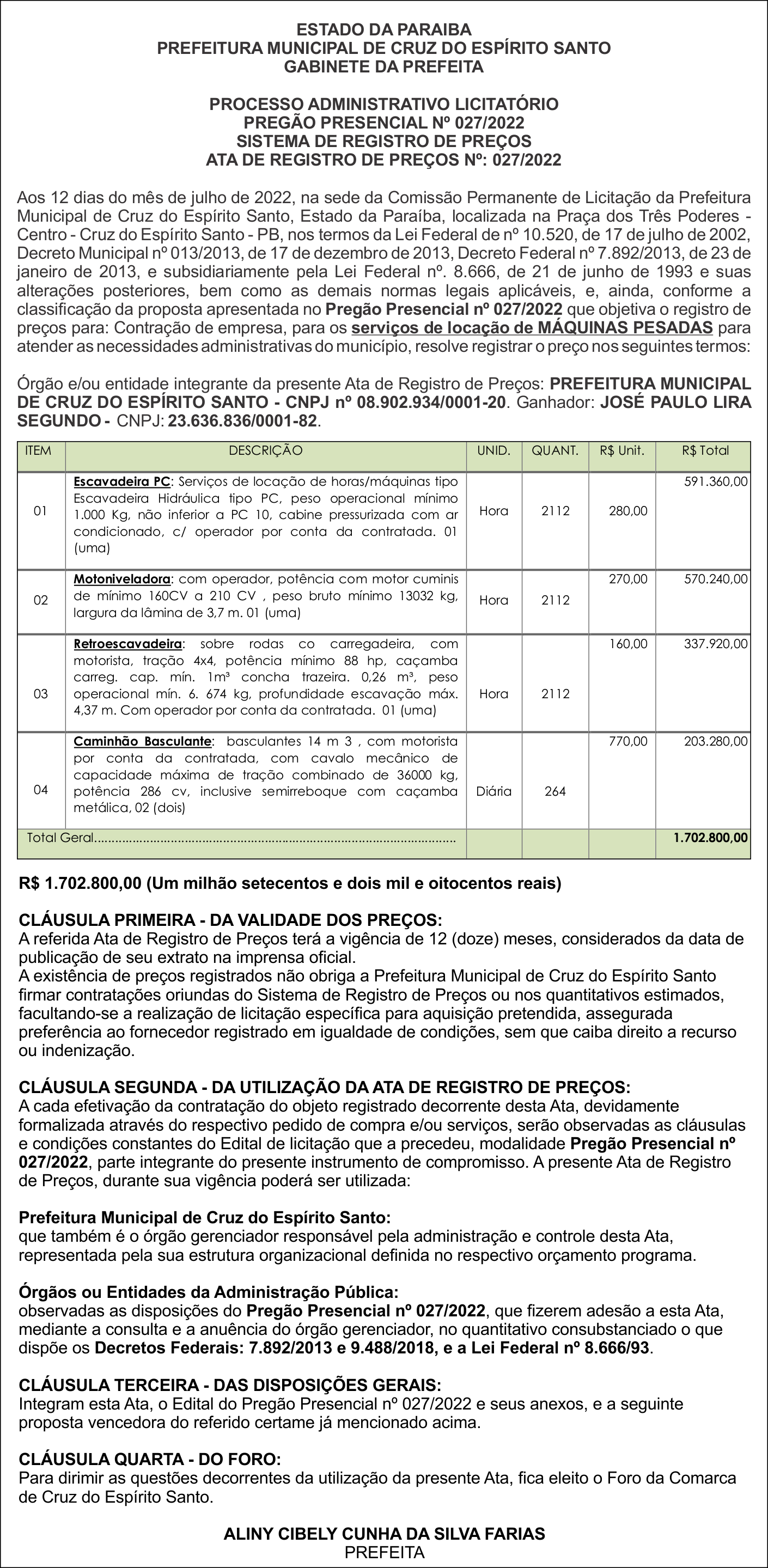 PREFEITURA MUNICIPAL DE CRUZ DO ESPÍRITO SANTO  – PREGÃO PRESENCIAL Nº 027/2022 – SISTEMA DE REGISTRO DE PREÇOS